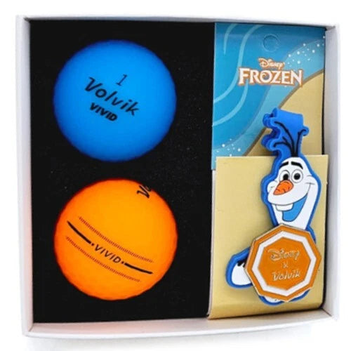 Volvik x Disney Collaboration Vivid 2 Ball Golf Balls & Frozen Olaf Ball Marker
